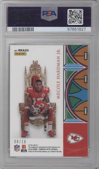 Mecole Hardman Jr. from the 2019 Panini Donruss Optic set featuring a Black Pandora parallel graded by PSA and given an overall grade of 8.