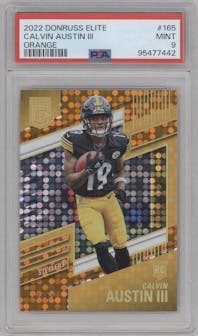 Calvin Austin III  from the 2022 Panini Donruss Elite set featuring a Orange parallel graded by PSA and given an overall grade of 9.