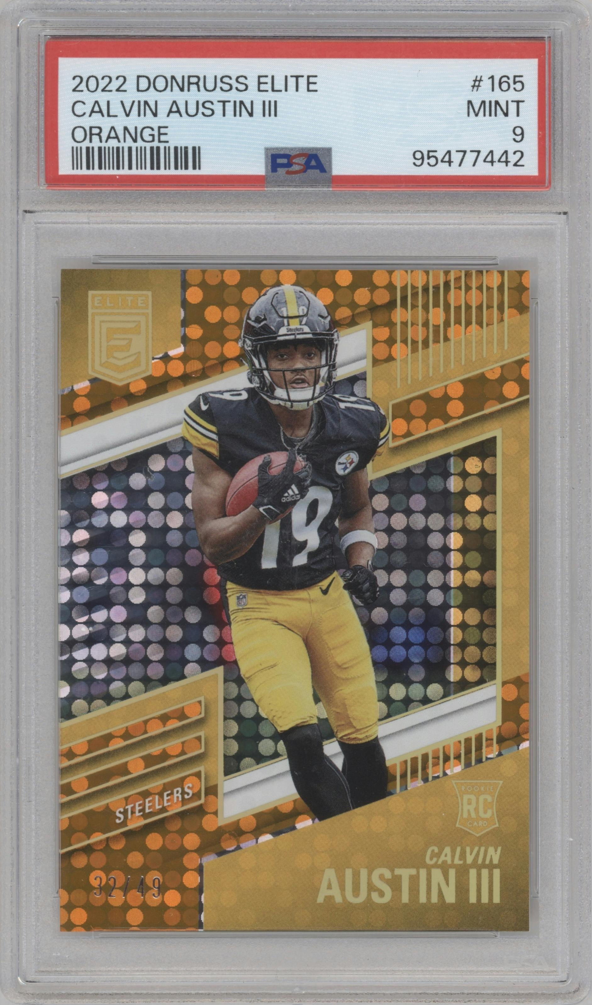 Calvin Austin III  from the 2022 Panini Donruss Elite set featuring a Orange parallel graded by PSA and given an overall grade of 9.