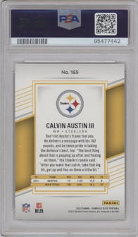 Calvin Austin III  from the 2022 Panini Donruss Elite set featuring a Orange parallel graded by PSA and given an overall grade of 9.