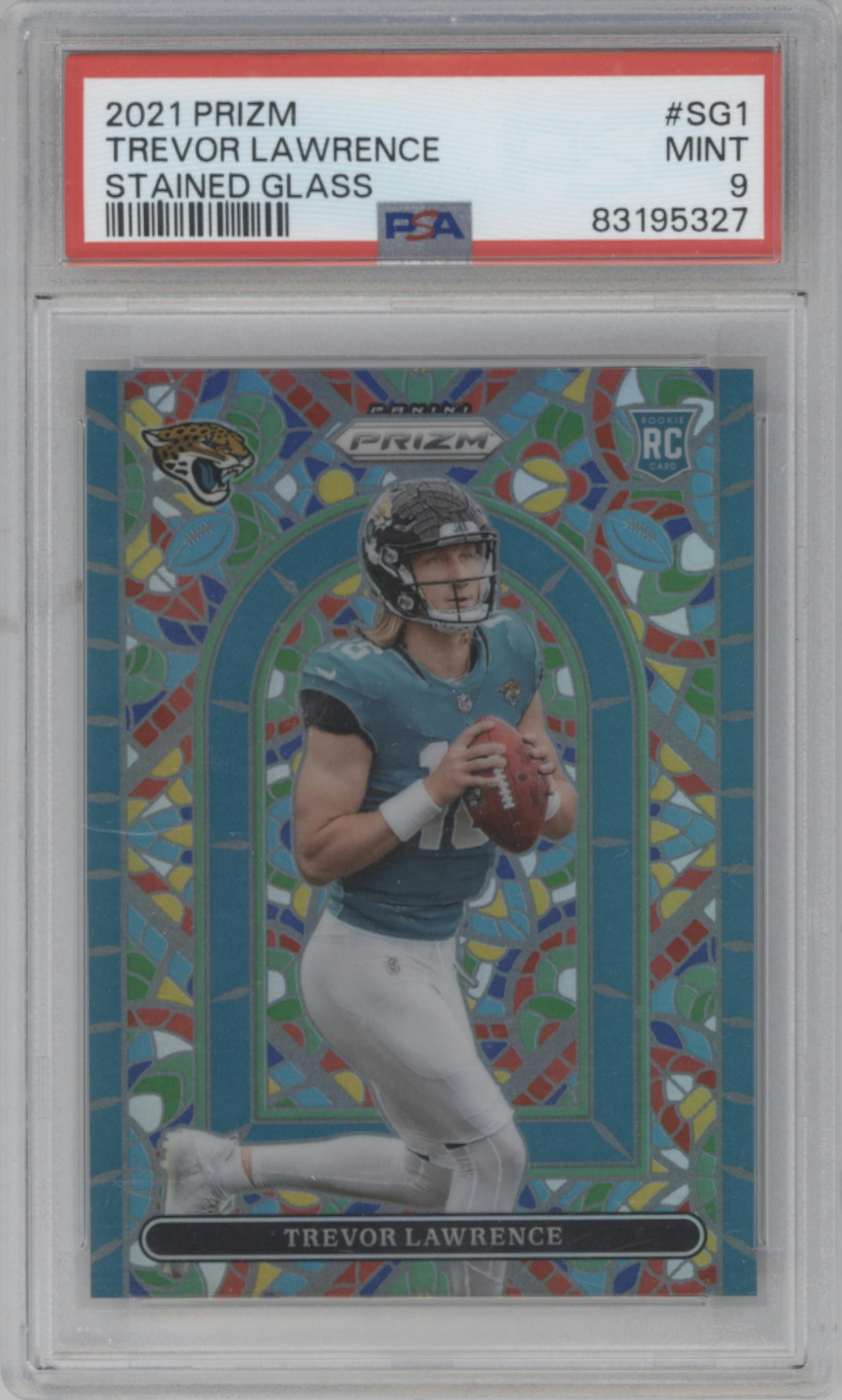 Trevor Lawrence from the 2021 Panini Prizm set graded by PSA and given an overall grade of 9.