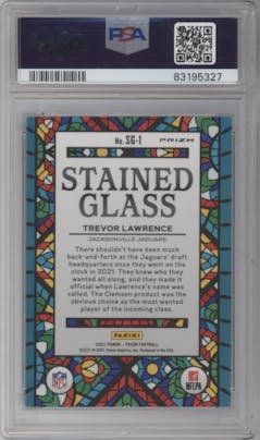 Trevor Lawrence from the 2021 Panini Prizm set graded by PSA and given an overall grade of 9.