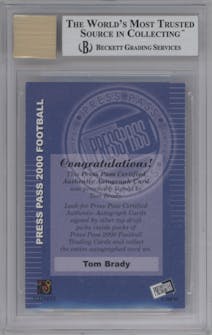 Tom Brady from the 2000 Press Pass set graded by Beckett and given an overall grade of 9.