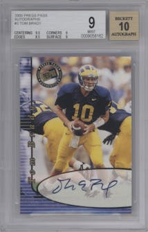 Tom Brady from the 2000 Press Pass set graded by Beckett and given an overall grade of 9.
