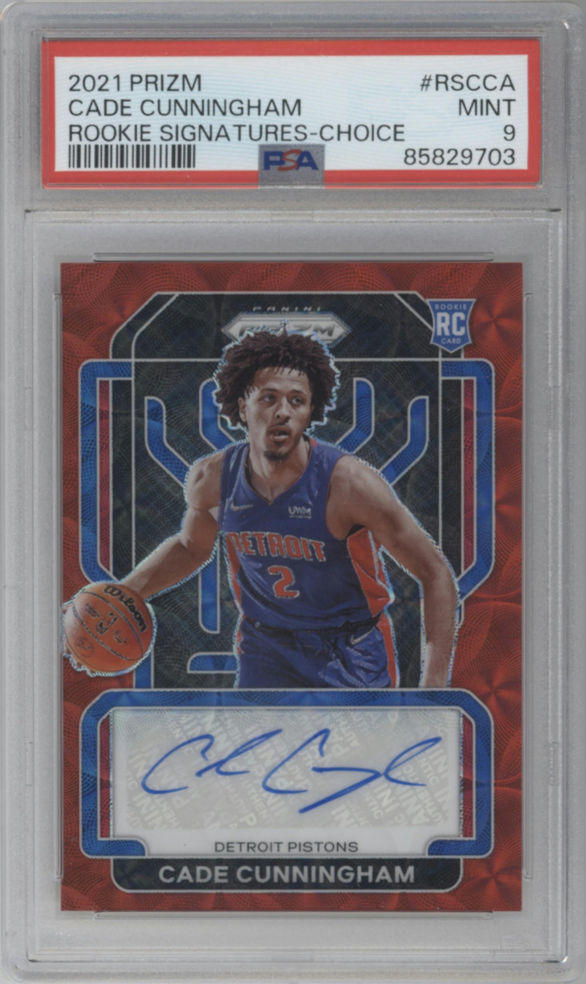 Cade Cunningham from the 2021-22 Panini Prizm  set featuring a Choice Prizm parallel graded by PSA and given an overall grade of 9.