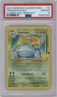 Venusaur from the 2021 Pokemon SWSH set featuring a Base Set parallel graded by PSA and given an overall grade of 10.