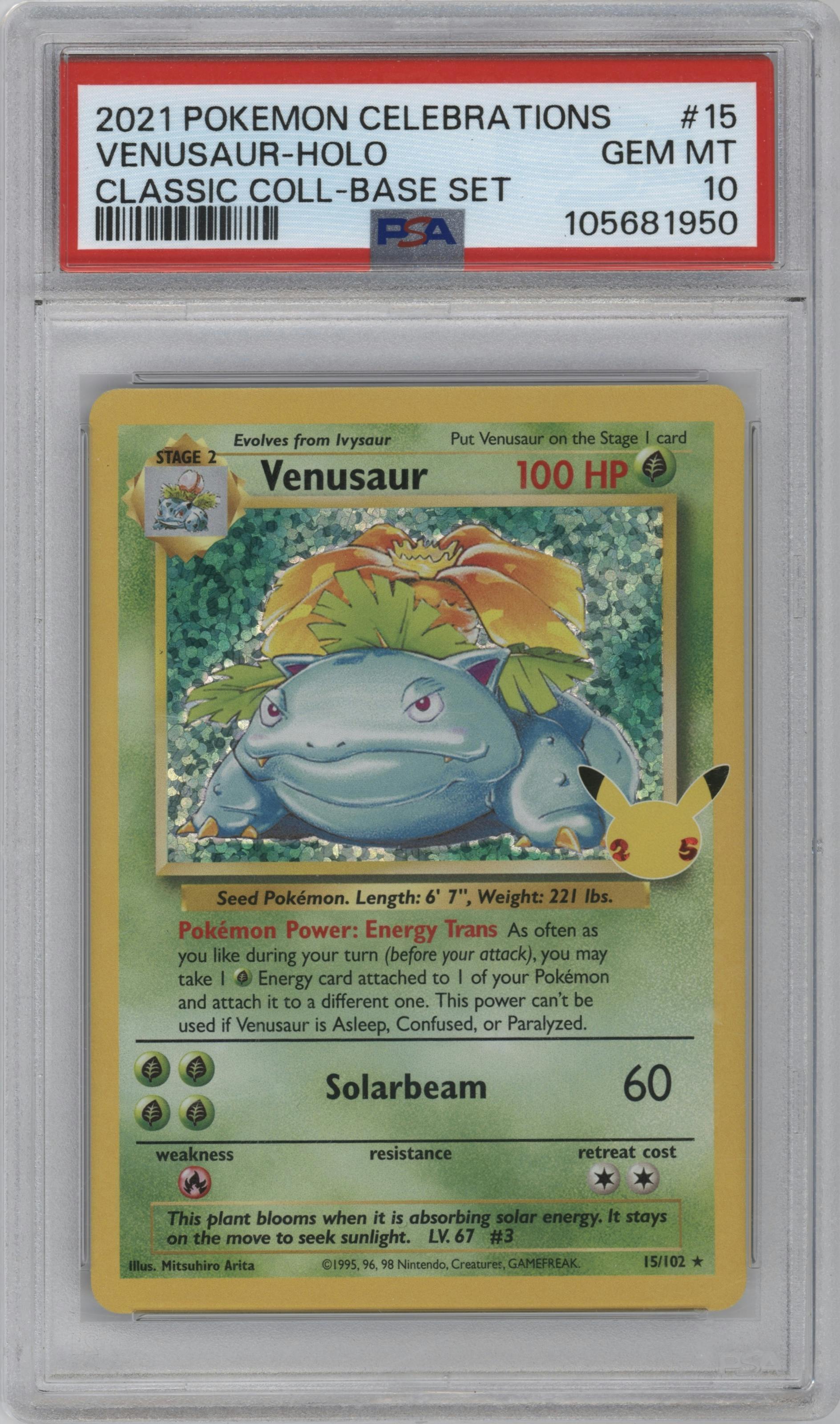 Venusaur from the 2021 Pokemon SWSH set featuring a Base Set parallel graded by PSA and given an overall grade of 10.