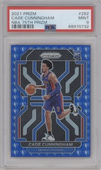 Cade Cunningham from the 2021-22 Panini Prizm  set featuring a Blue NBA 75th Prizm parallel graded by PSA and given an overall grade of 9.