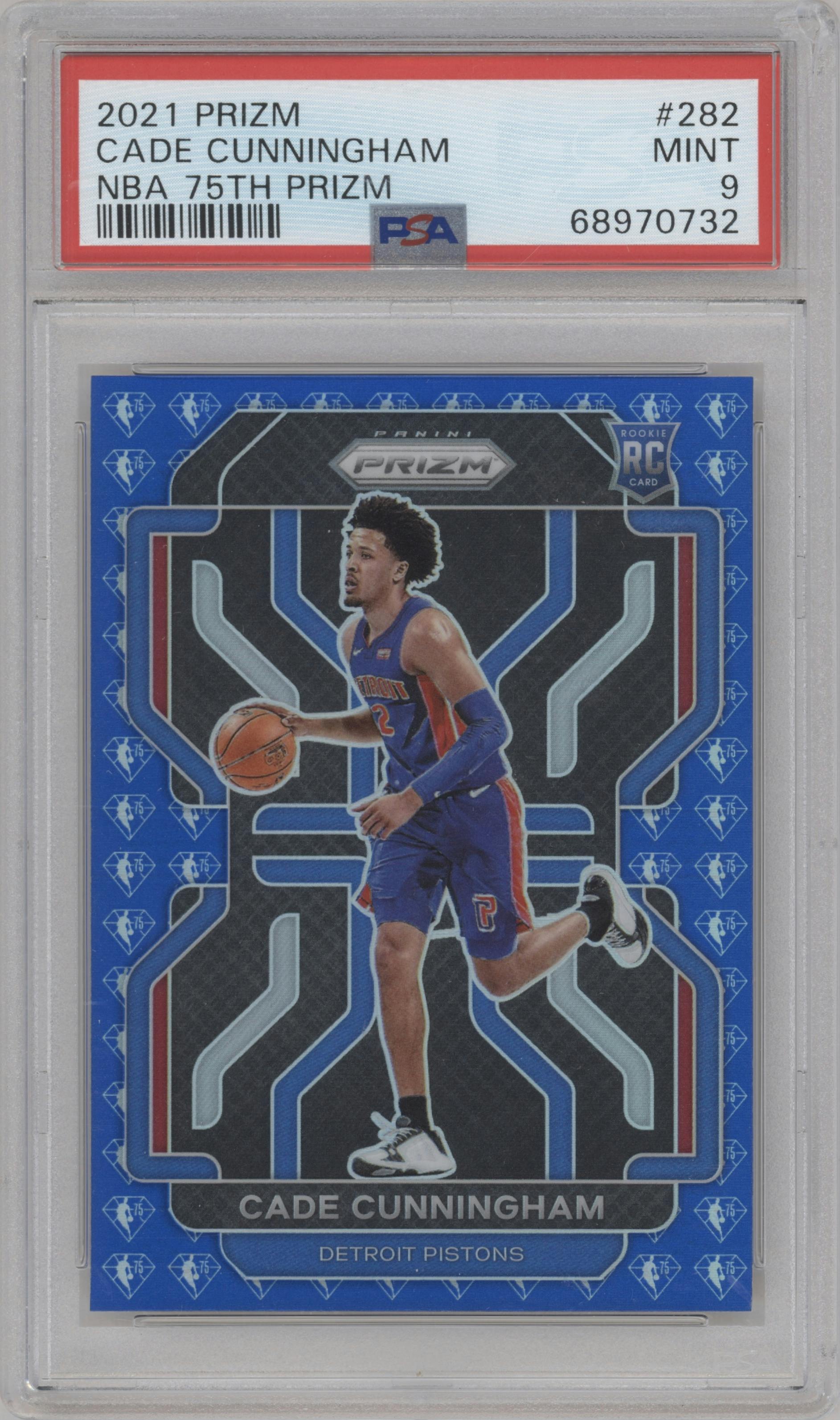 Cade Cunningham from the 2021-22 Panini Prizm  set featuring a Blue NBA 75th Prizm parallel graded by PSA and given an overall grade of 9.