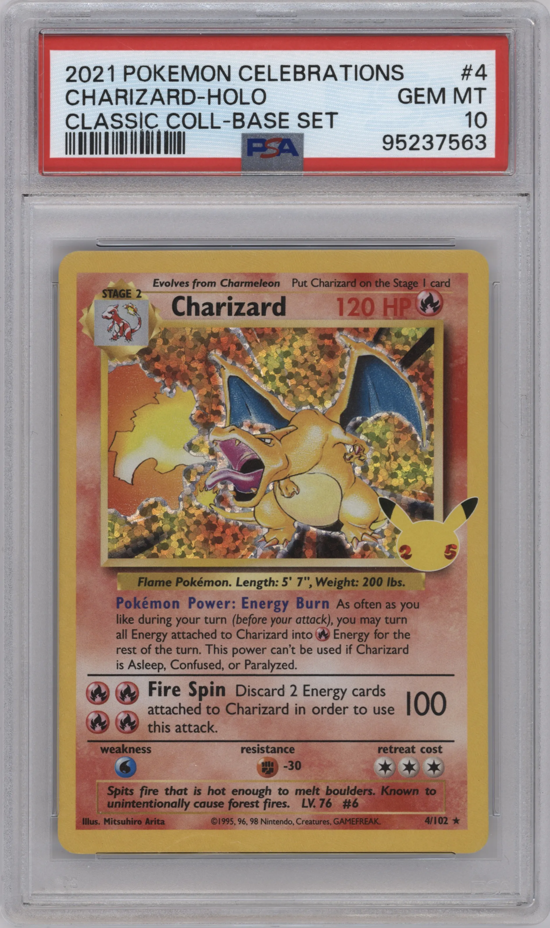Charizard from the 2021 Pokemon SWSH set featuring a Base Set parallel graded by PSA and given an overall grade of 10.