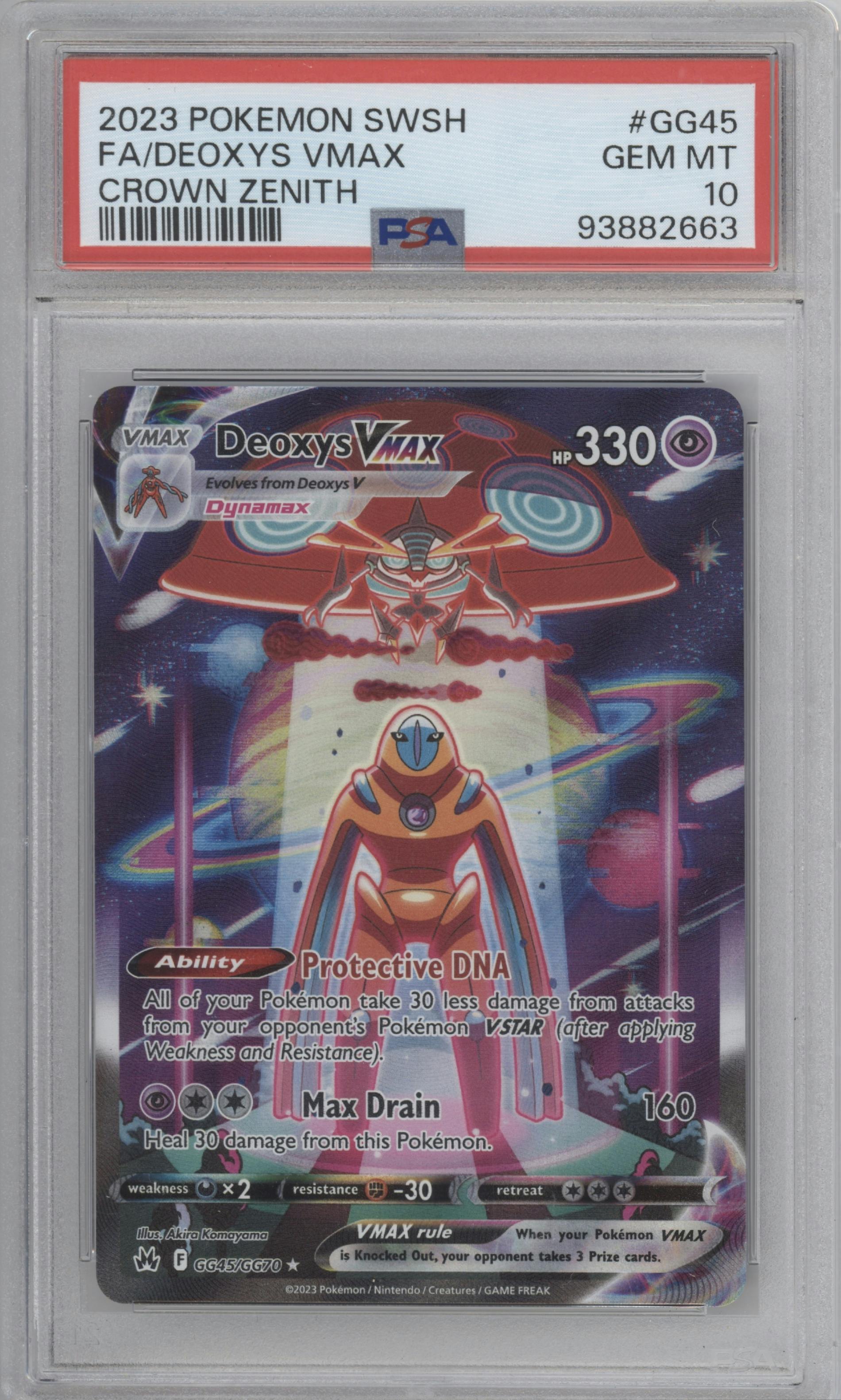 Deoxys VMAX from the 2023 Pokemon SWSH set graded by PSA and given an overall grade of 10.