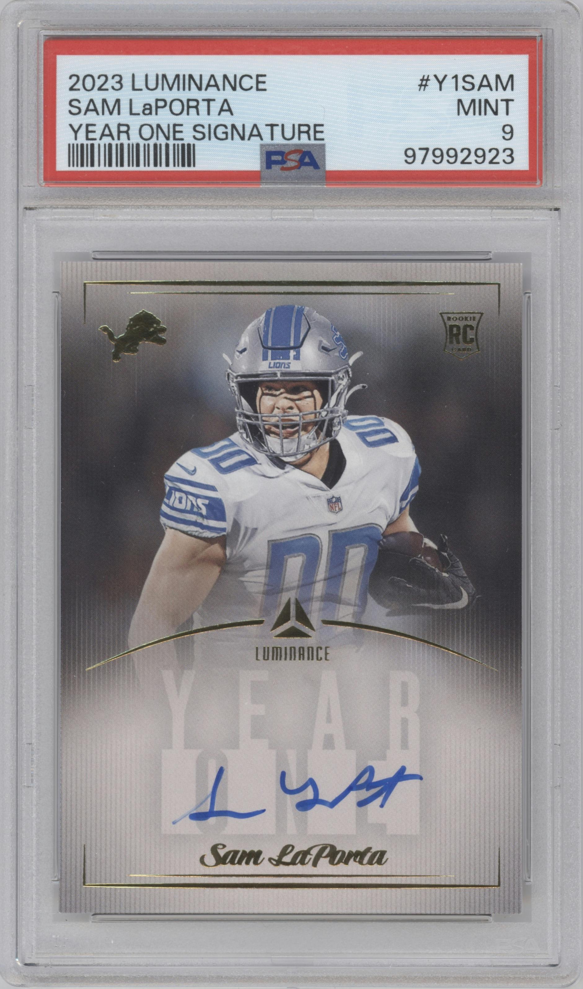Sam LaPorta from the 2023 Panini Luminance set graded by PSA and given an overall grade of 9.
