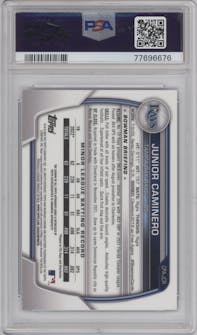 Junior Caminero from the 2023 Bowman  set graded by PSA and given an overall grade of 10.