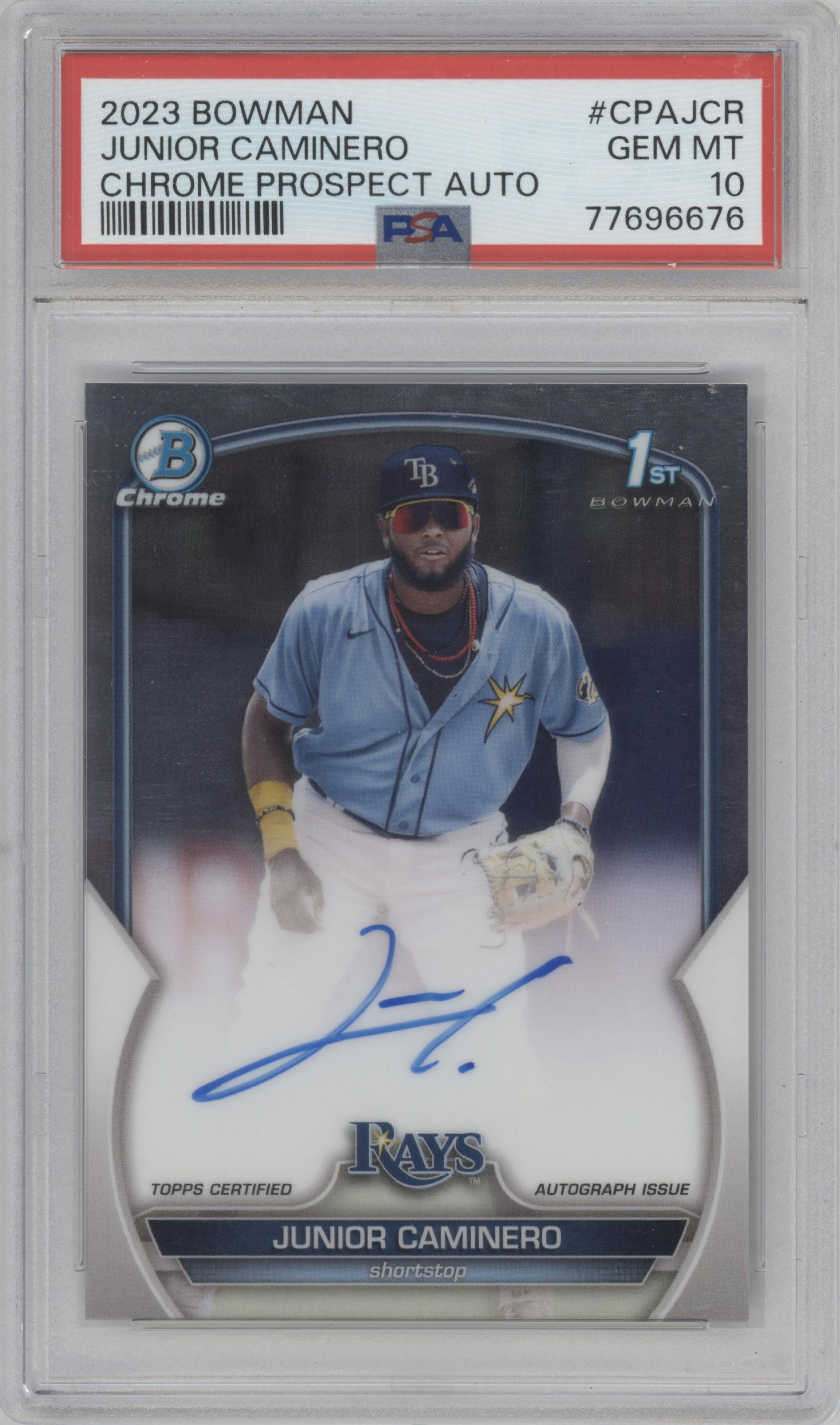 Junior Caminero from the 2023 Bowman  set graded by PSA and given an overall grade of 10.