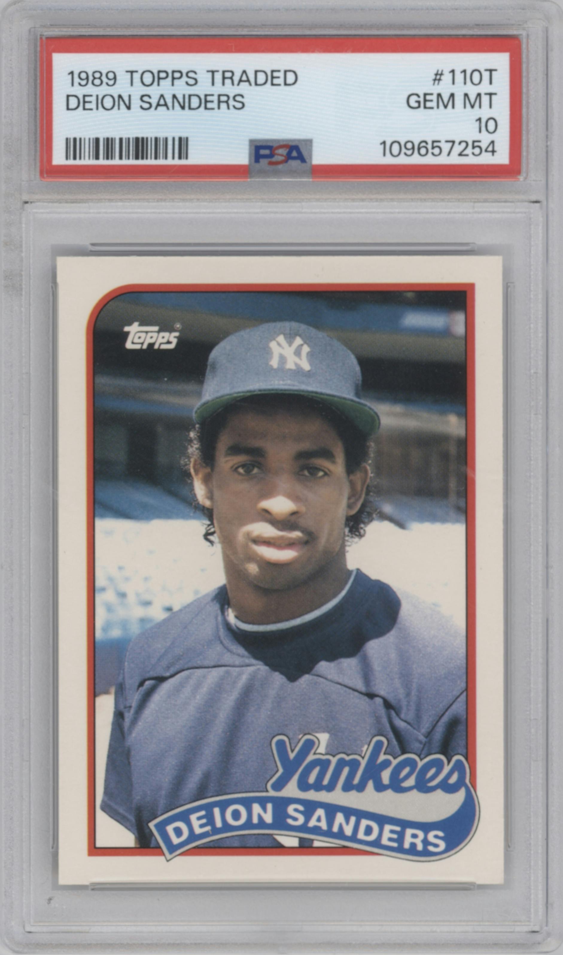 Deion Sanders from the 1989 Topps Traded set graded by PSA and given an overall grade of 10.