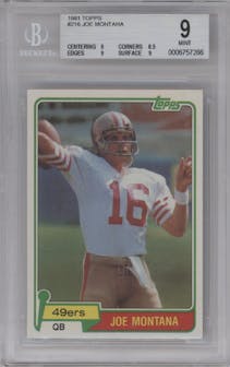 Joe Montana from the 1981 Topps  set graded by Beckett and given an overall grade of 9.