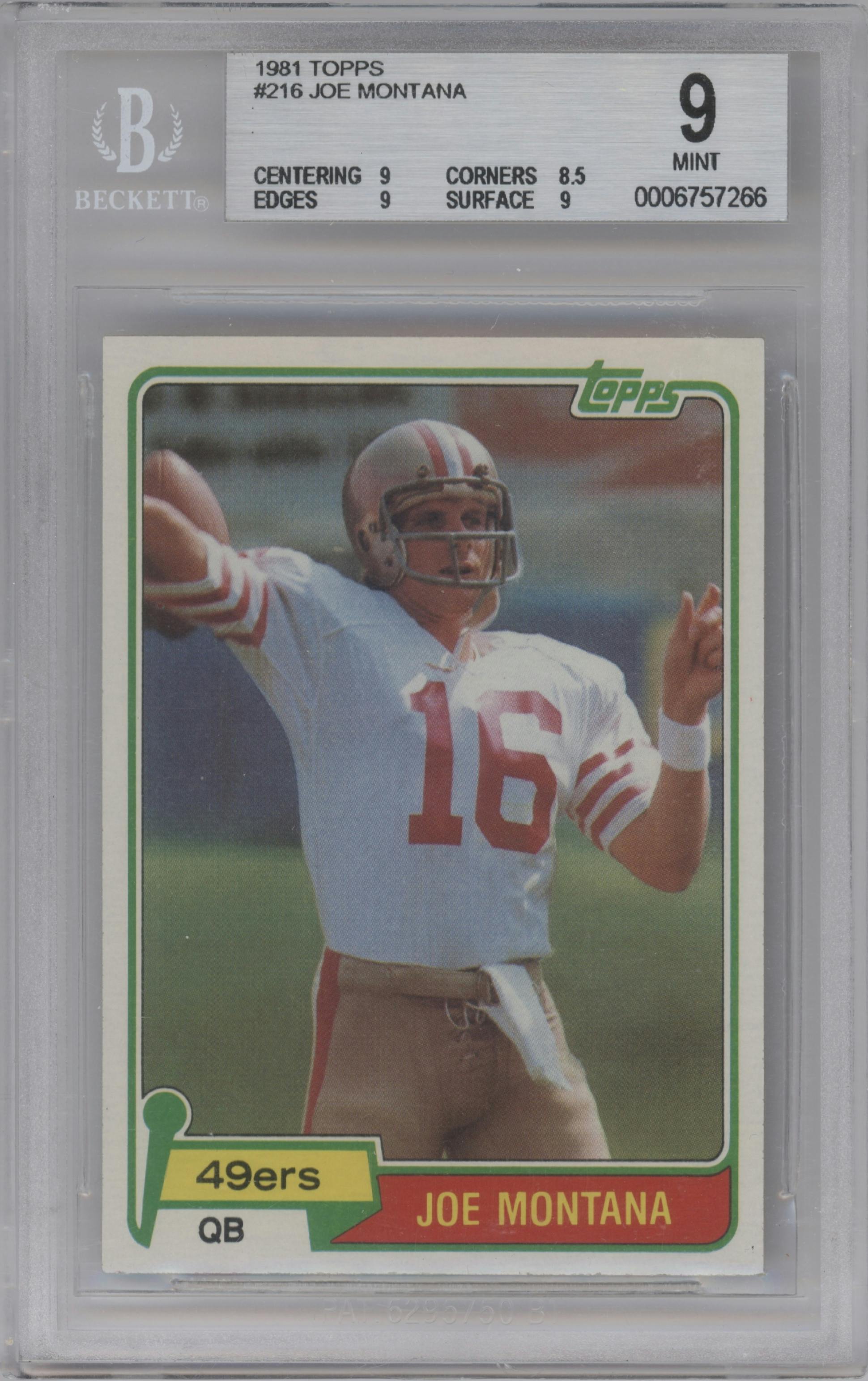 Joe Montana from the 1981 Topps  set graded by Beckett and given an overall grade of 9.