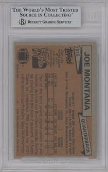 Joe Montana from the 1981 Topps  set graded by Beckett and given an overall grade of 9.