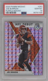 Joe Burrow from the 2020 Panini Mosaic set featuring a Purple Mosaic parallel graded by PSA and given an overall grade of 10.