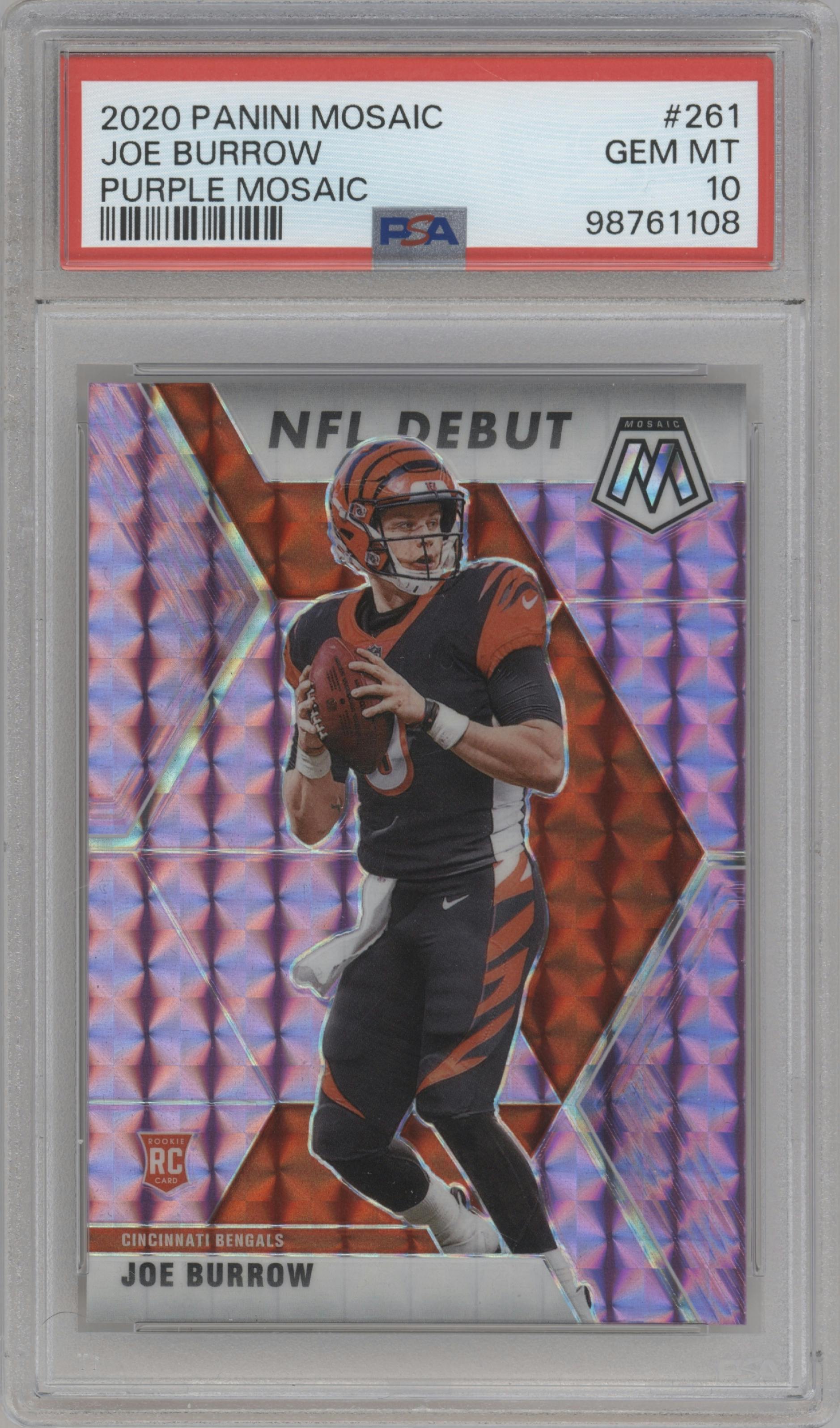 Joe Burrow from the 2020 Panini Mosaic set featuring a Purple Mosaic parallel graded by PSA and given an overall grade of 10.