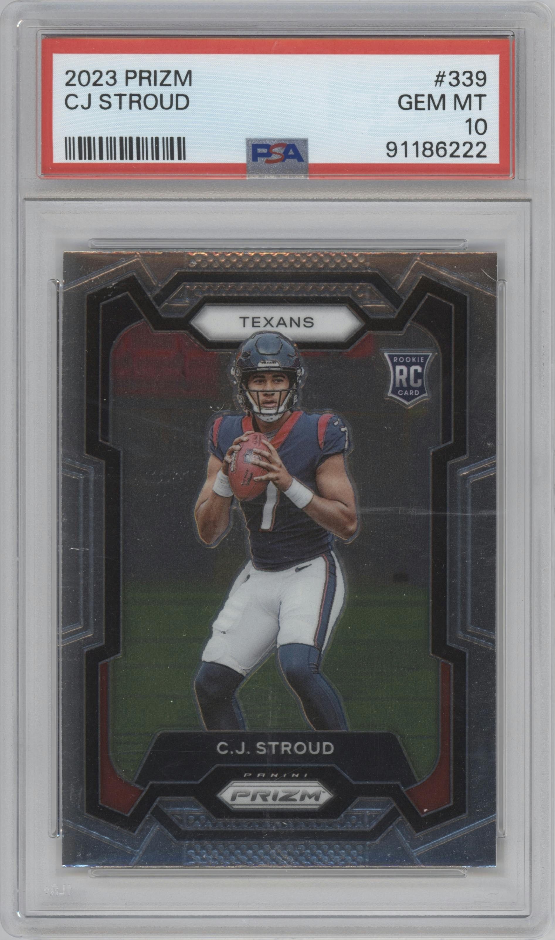 C.J. Stroud from the 2023 Panini Prizm set graded by PSA and given an overall grade of 10.