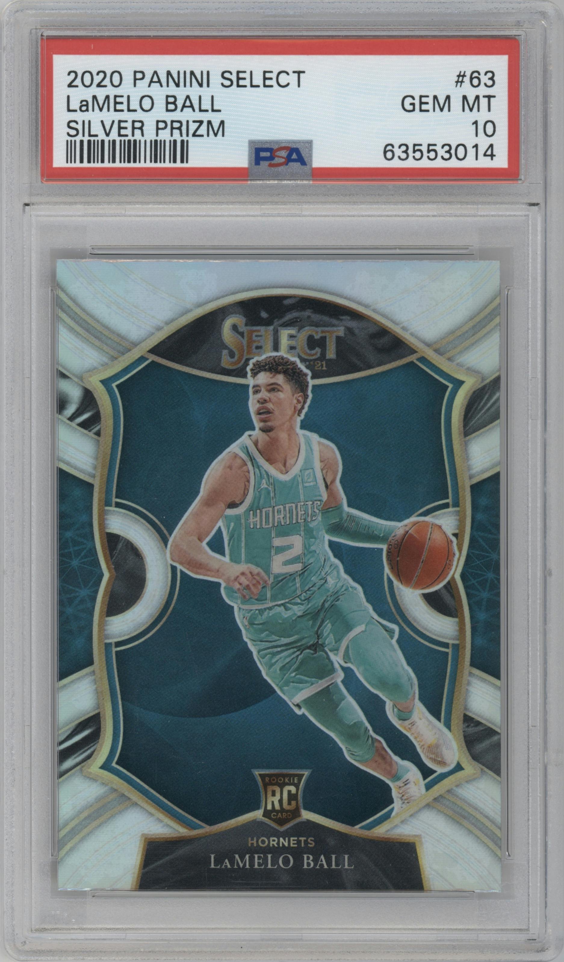 LaMelo Ball from the 2020-21 Panini Select  set featuring a Silver Prizm parallel graded by PSA and given an overall grade of 10.