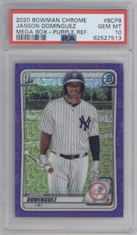 Jasson Dominguez from the 2020 Bowman Mega Box Chrome set featuring a Purple Refractor parallel graded by PSA and given an overall grade of 10.