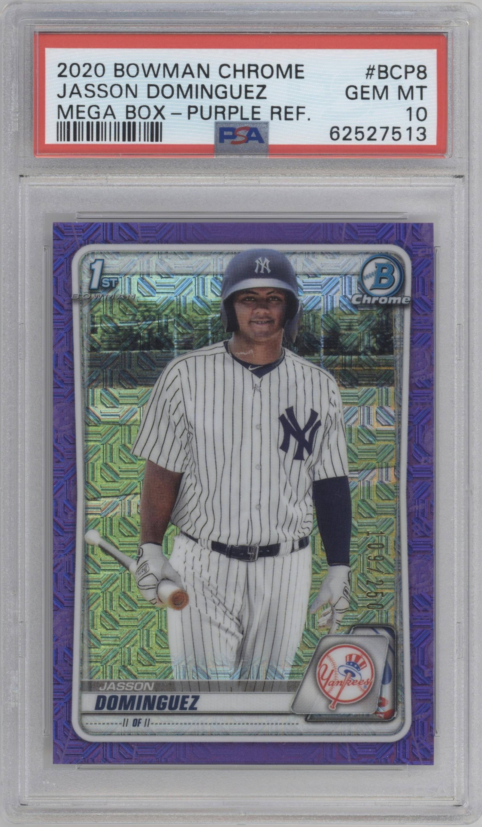 Jasson Dominguez from the 2020 Bowman Mega Box Chrome set featuring a Purple Refractor parallel graded by PSA and given an overall grade of 10.