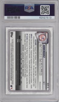 Jasson Dominguez from the 2020 Bowman Mega Box Chrome set featuring a Purple Refractor parallel graded by PSA and given an overall grade of 10.