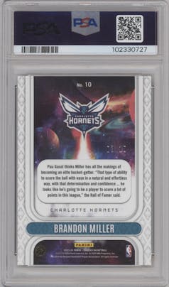 Brandon Miller from the 2023-24 Panini Phoenix set featuring a Gold International parallel graded by PSA and given an overall grade of 10.