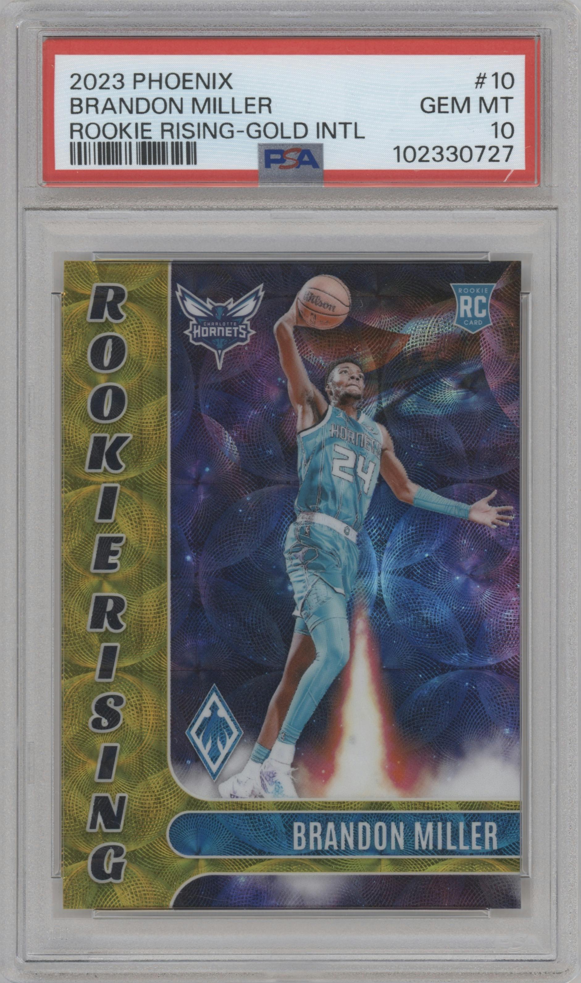 Brandon Miller from the 2023-24 Panini Phoenix set featuring a Gold International parallel graded by PSA and given an overall grade of 10.