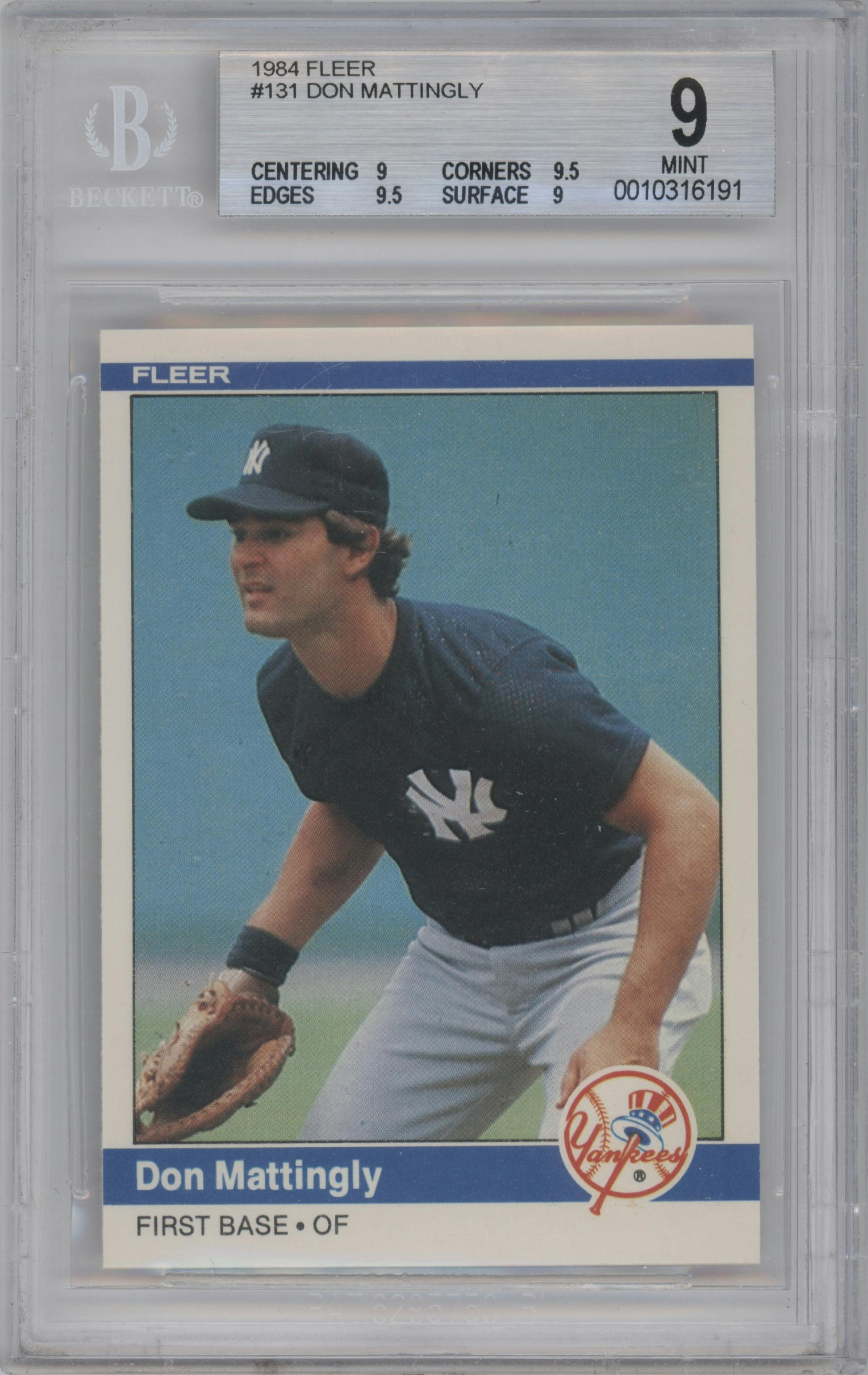 Don Mattingly  from the 1984 Fleer set graded by Beckett and given an overall grade of 9.