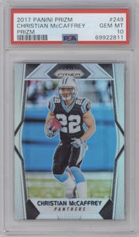 Christian McCaffrey from the 2017 Panini Prizm set featuring a Prizm parallel graded by PSA and given an overall grade of 10.