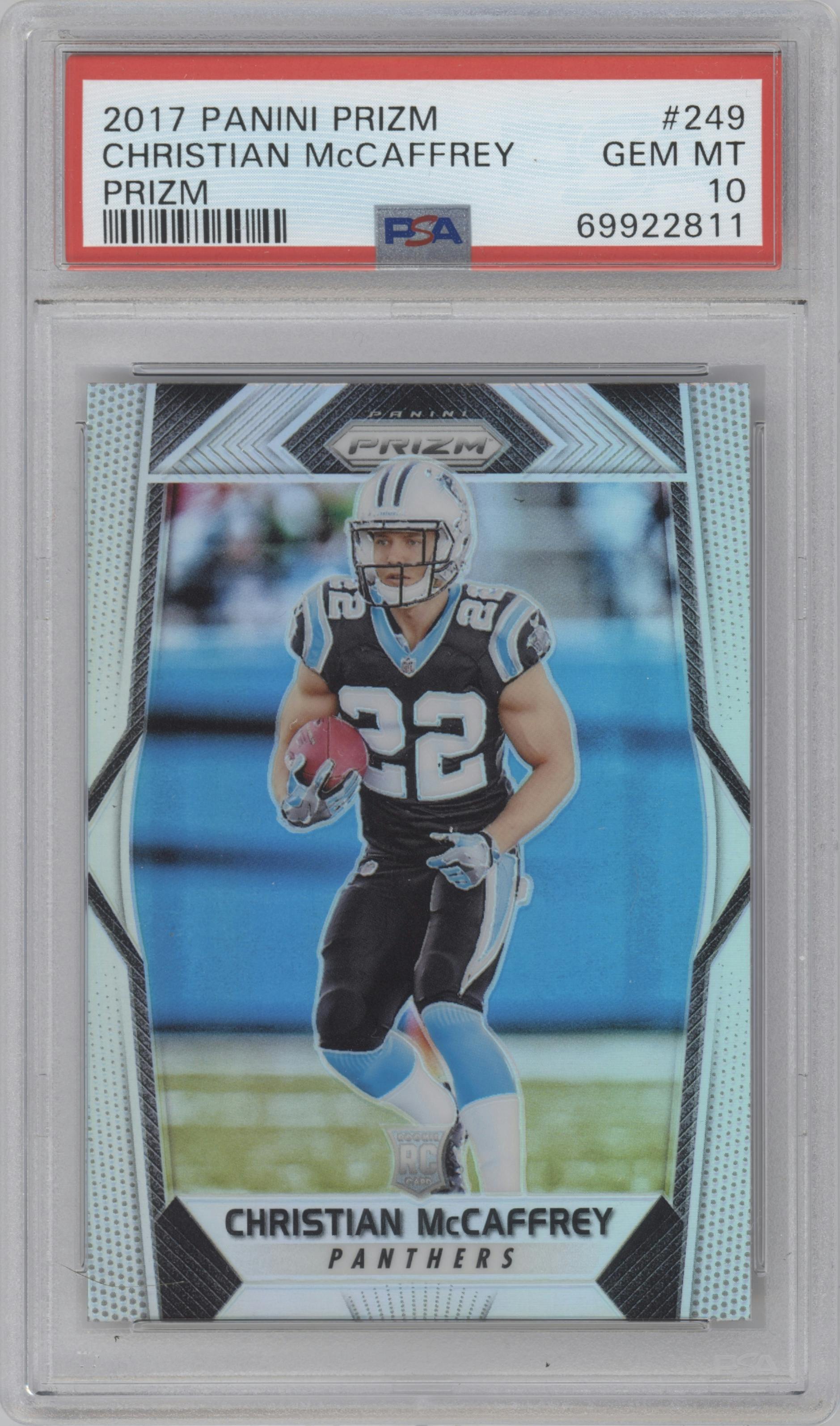 Christian McCaffrey from the 2017 Panini Prizm set featuring a Prizm parallel graded by PSA and given an overall grade of 10.