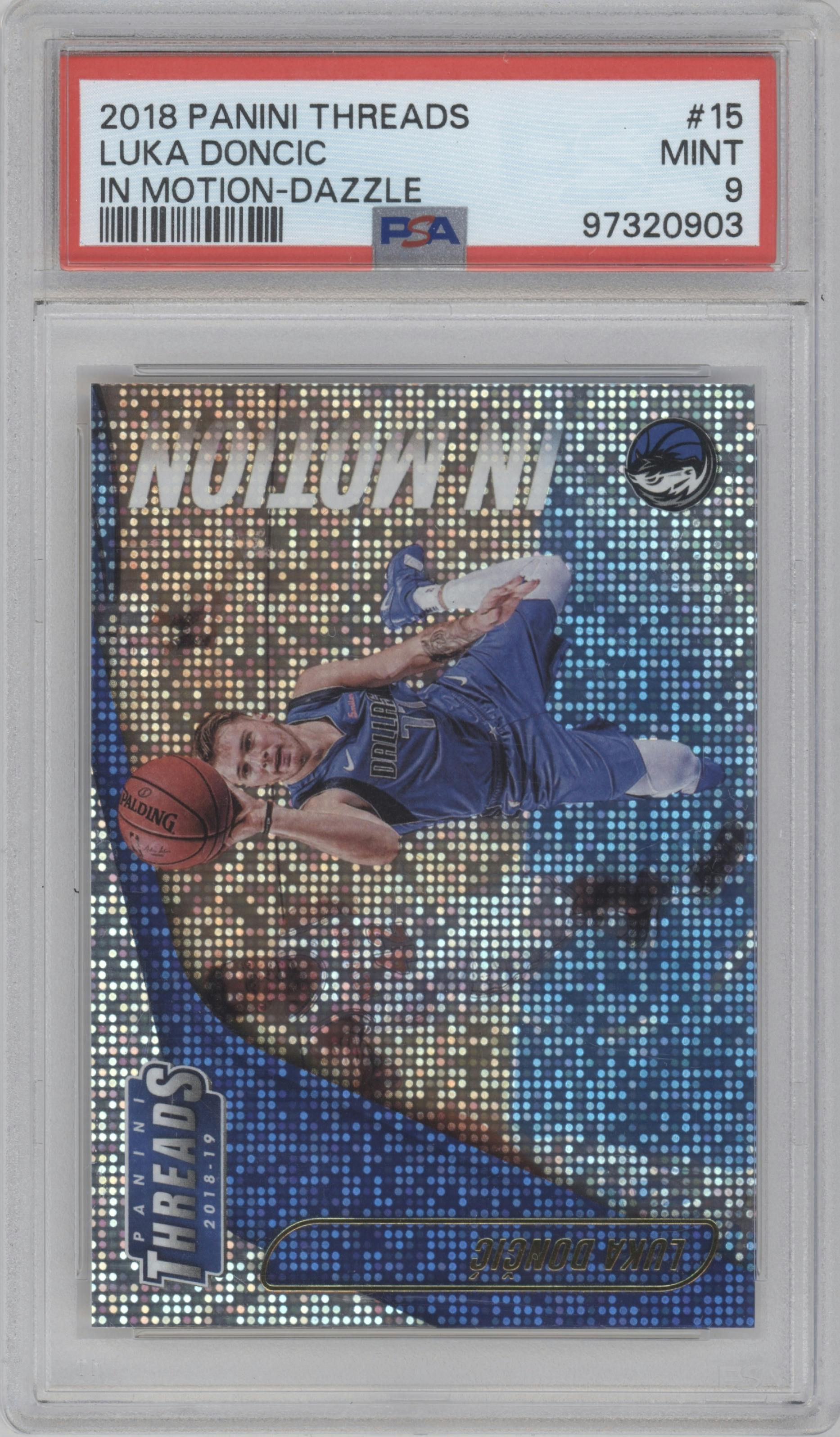 Luka Doncic from the 2018-19 Panini Threads  set featuring a Dazzle parallel graded by PSA and given an overall grade of 9.