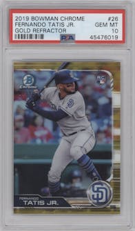 Fernando Tatis Jr. from the 2019 Bowman Chrome set featuring a Gold Refractor parallel graded by PSA and given an overall grade of 10.