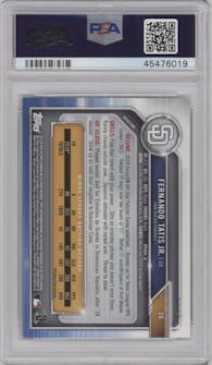 Fernando Tatis Jr. from the 2019 Bowman Chrome set featuring a Gold Refractor parallel graded by PSA and given an overall grade of 10.