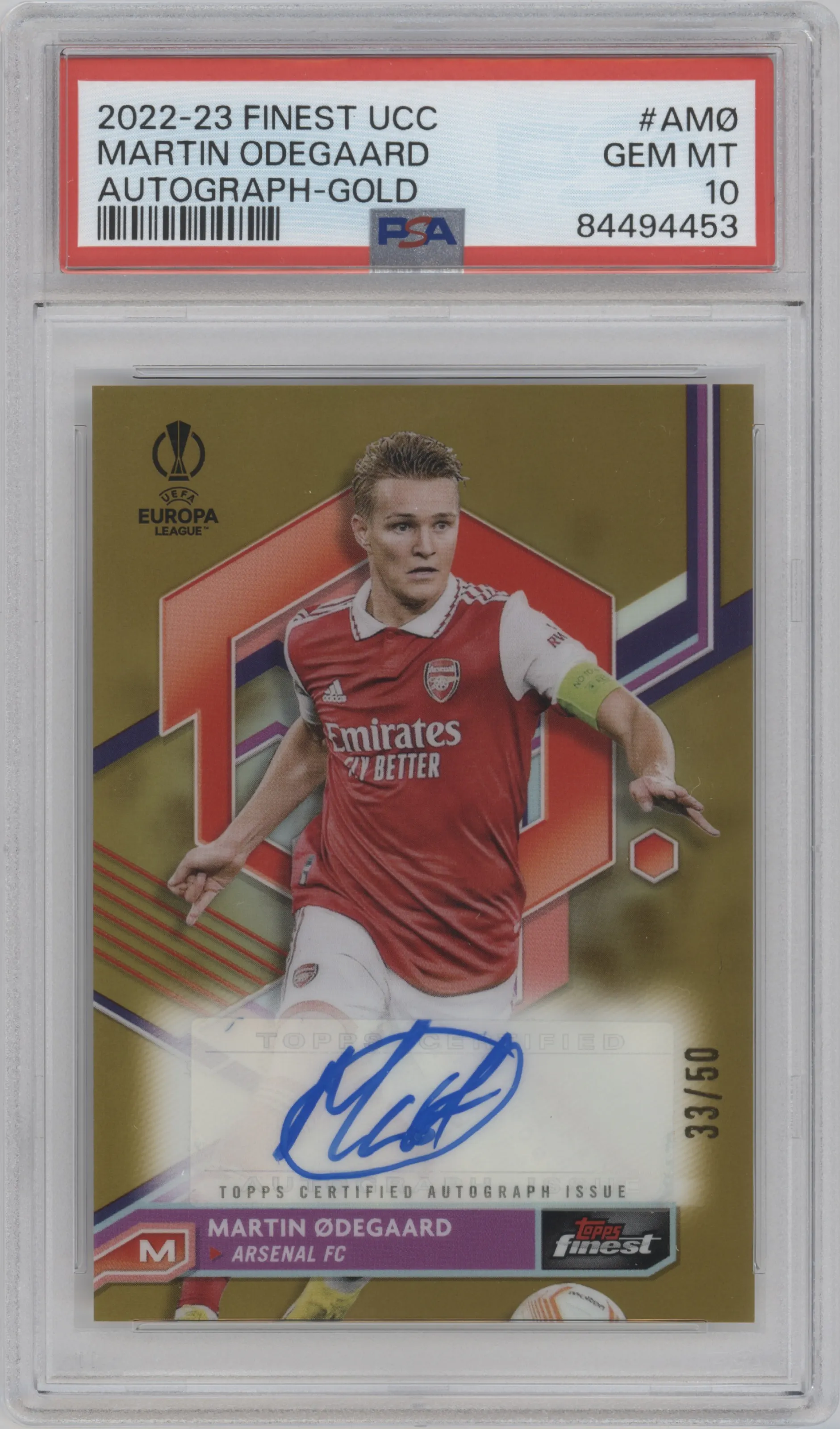 2022 Topps Finest UEFA Club Competitions Auto Martin Odegaard Gold Refractor #A-MO PSA 10