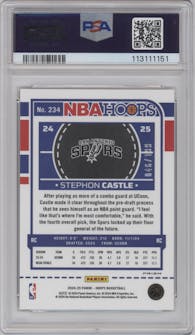 Stephon Castle from the 2024-25 Panini NBA Hoops set featuring a Premium Red Pulsar parallel graded by PSA and given an overall grade of 10.