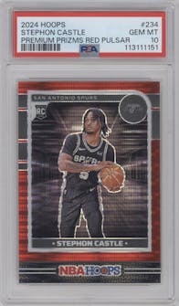 Stephon Castle from the 2024-25 Panini NBA Hoops set featuring a Premium Red Pulsar parallel graded by PSA and given an overall grade of 10.