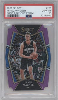 Franz Wagner from the 2021-22 Panini Select set featuring a Purple Die-Cut parallel graded by PSA and given an overall grade of 10.