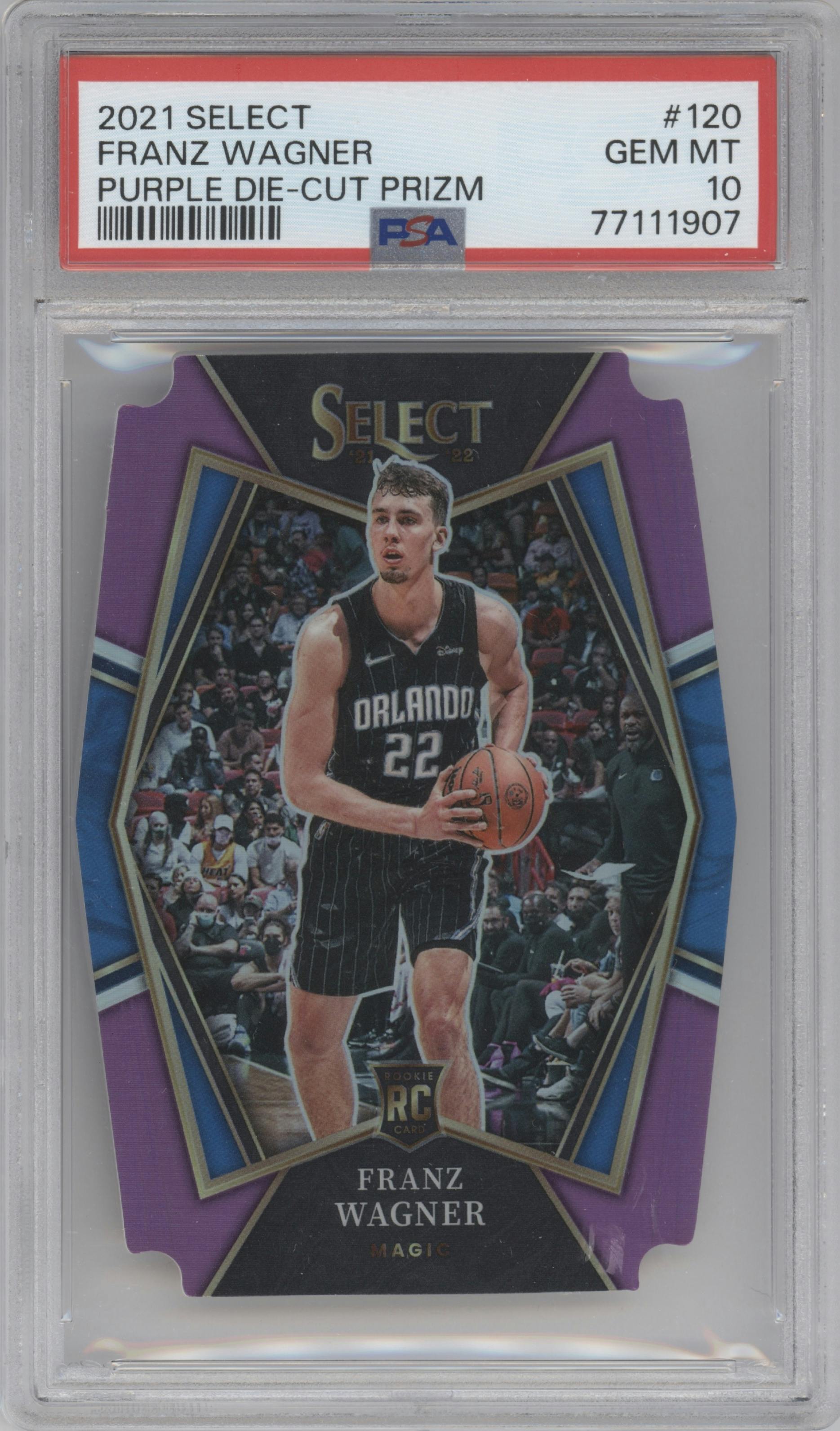 Franz Wagner from the 2021-22 Panini Select set featuring a Purple Die-Cut parallel graded by PSA and given an overall grade of 10.