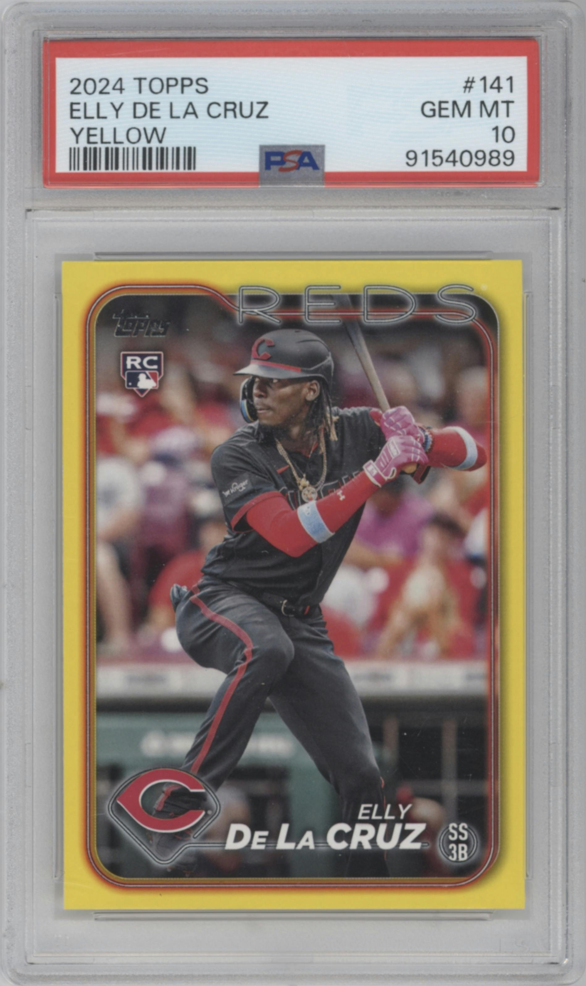 Elly De La Cruz from the 2024 Topps  set featuring a Yellow parallel graded by PSA and given an overall grade of 10.