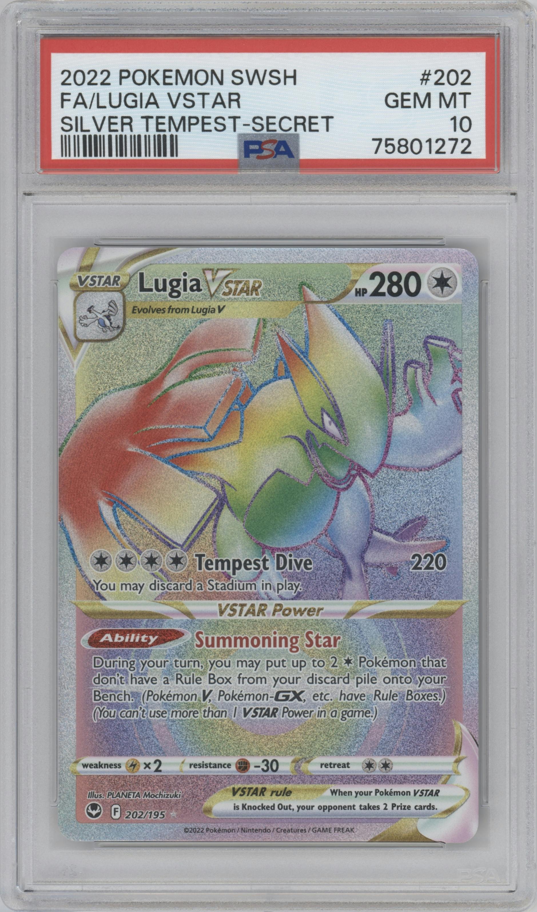 Lugia VSTAR from the 2022 Pokemon SWSH set graded by PSA and given an overall grade of 10.