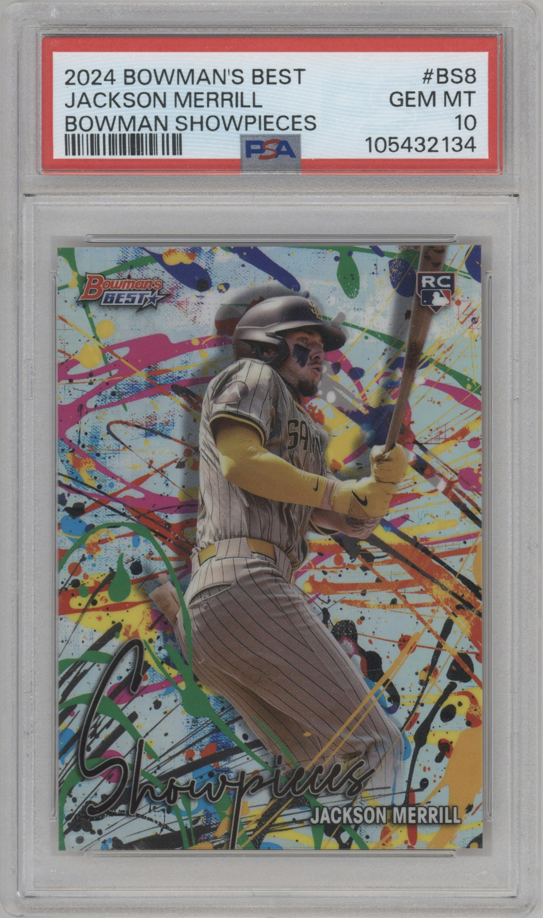 Jackson Merrill from the 2024 Bowman's Best set graded by PSA and given an overall grade of 10.