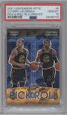 Jonathan Kuminga/Stephen Curry from the 2021-22 Panini Contenders Optic set featuring a Blue Cracked Ice parallel graded by PSA and given an overall grade of 10.