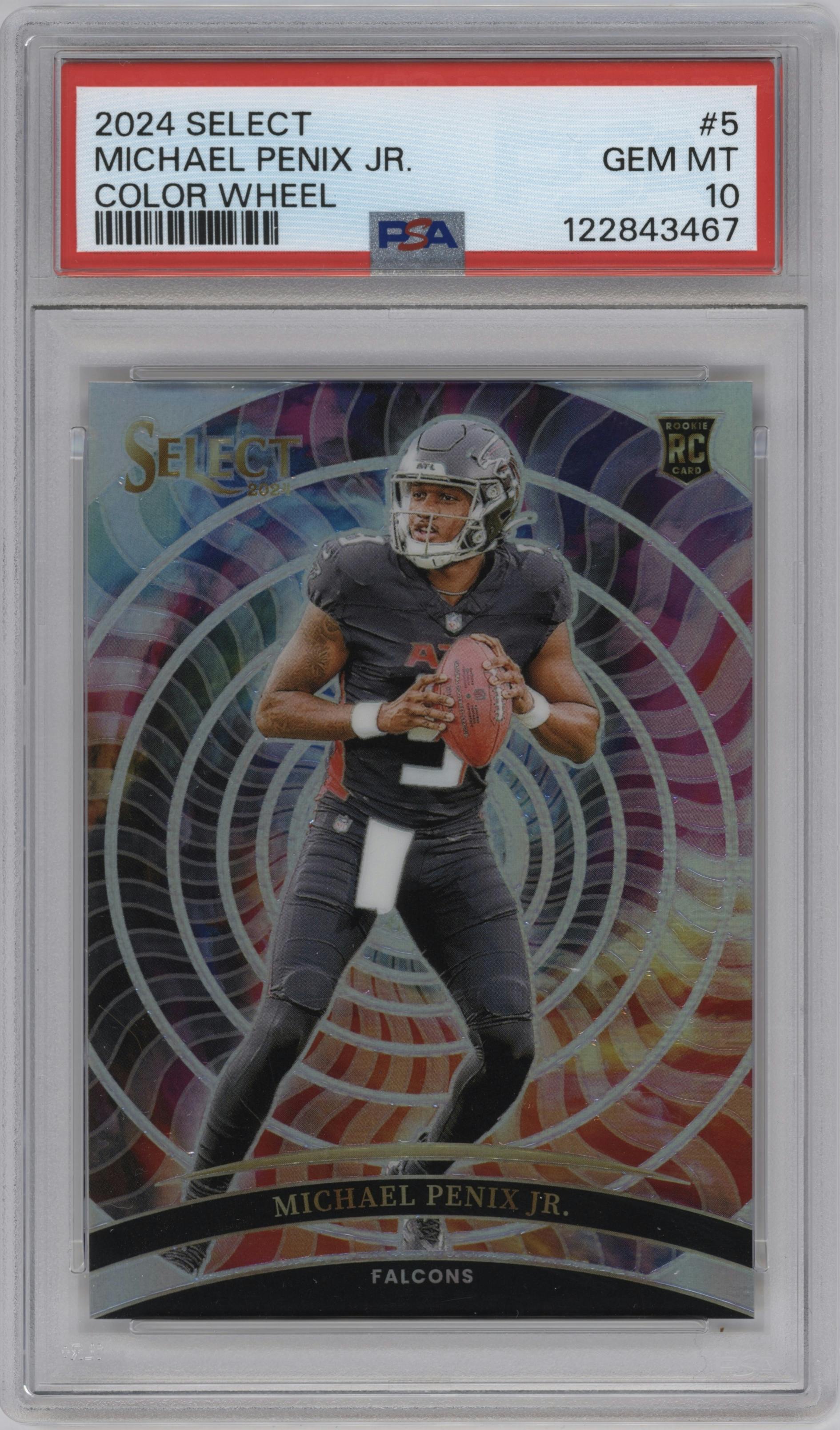 Michael Penix Jr. from the 2024 Panini Select set graded by PSA and given an overall grade of 10.