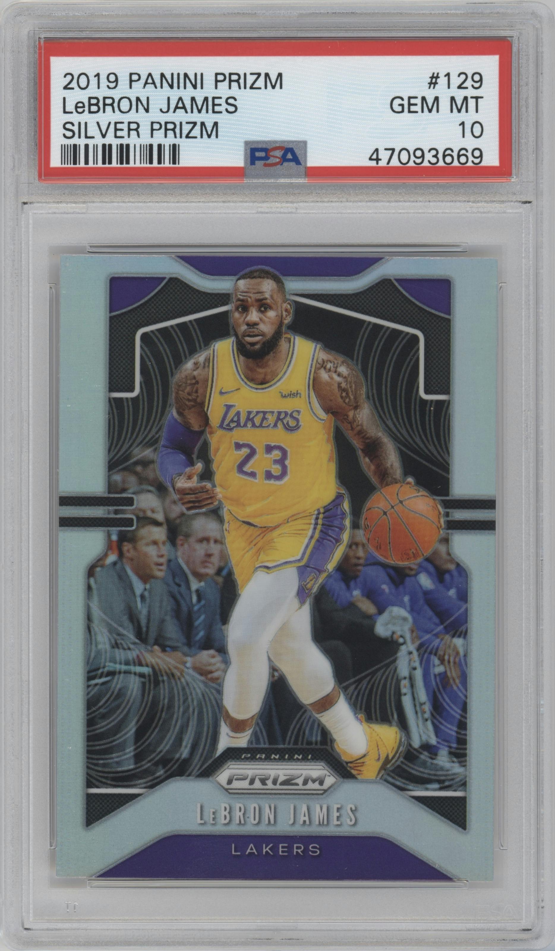 LeBron James from the 2019-20 Panini Prizm set featuring a Silver Prizm parallel graded by PSA and given an overall grade of 10.