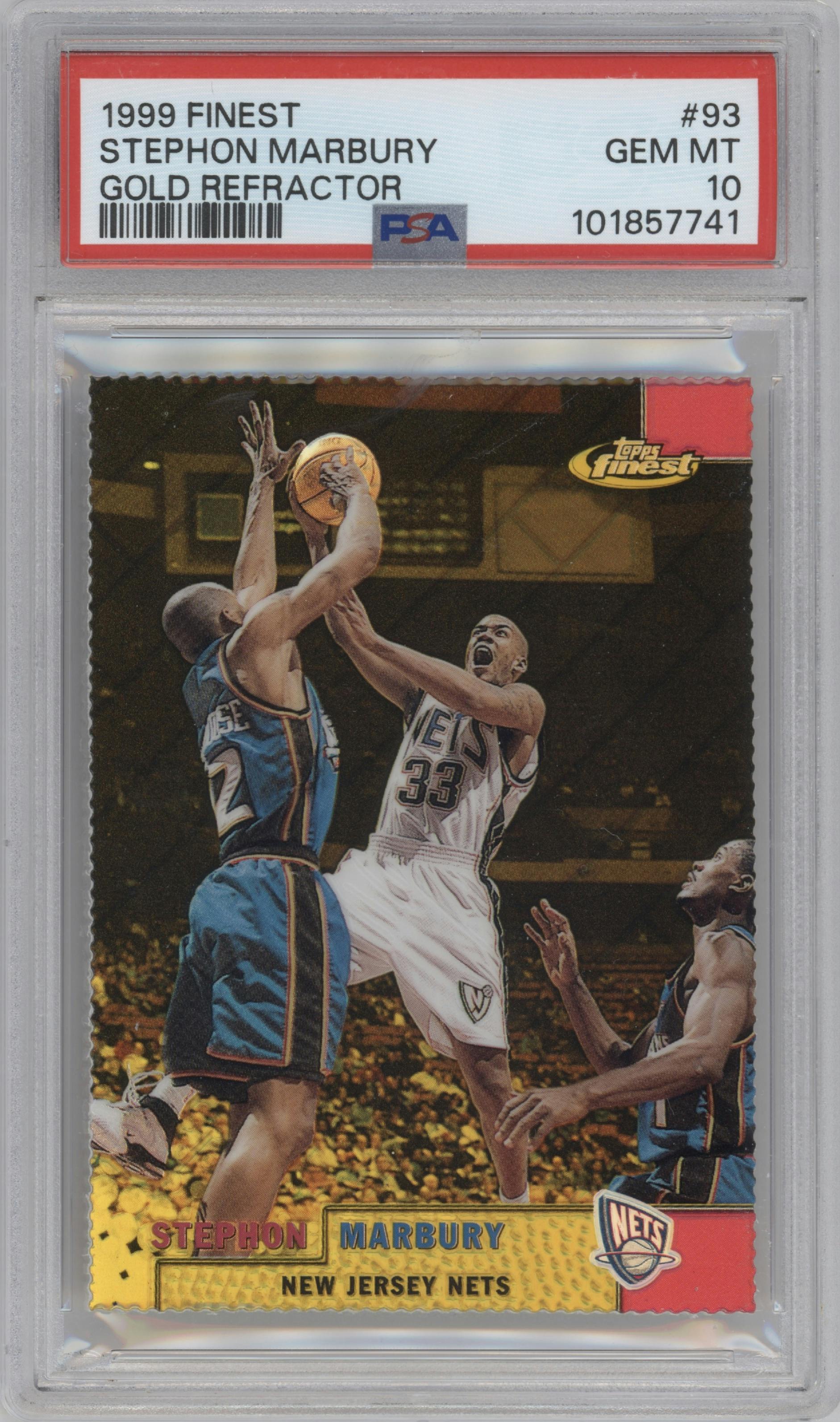 Stephon Marbury from the 1999-00 Topps Finest set featuring a Gold Refractor parallel graded by PSA and given an overall grade of 10.