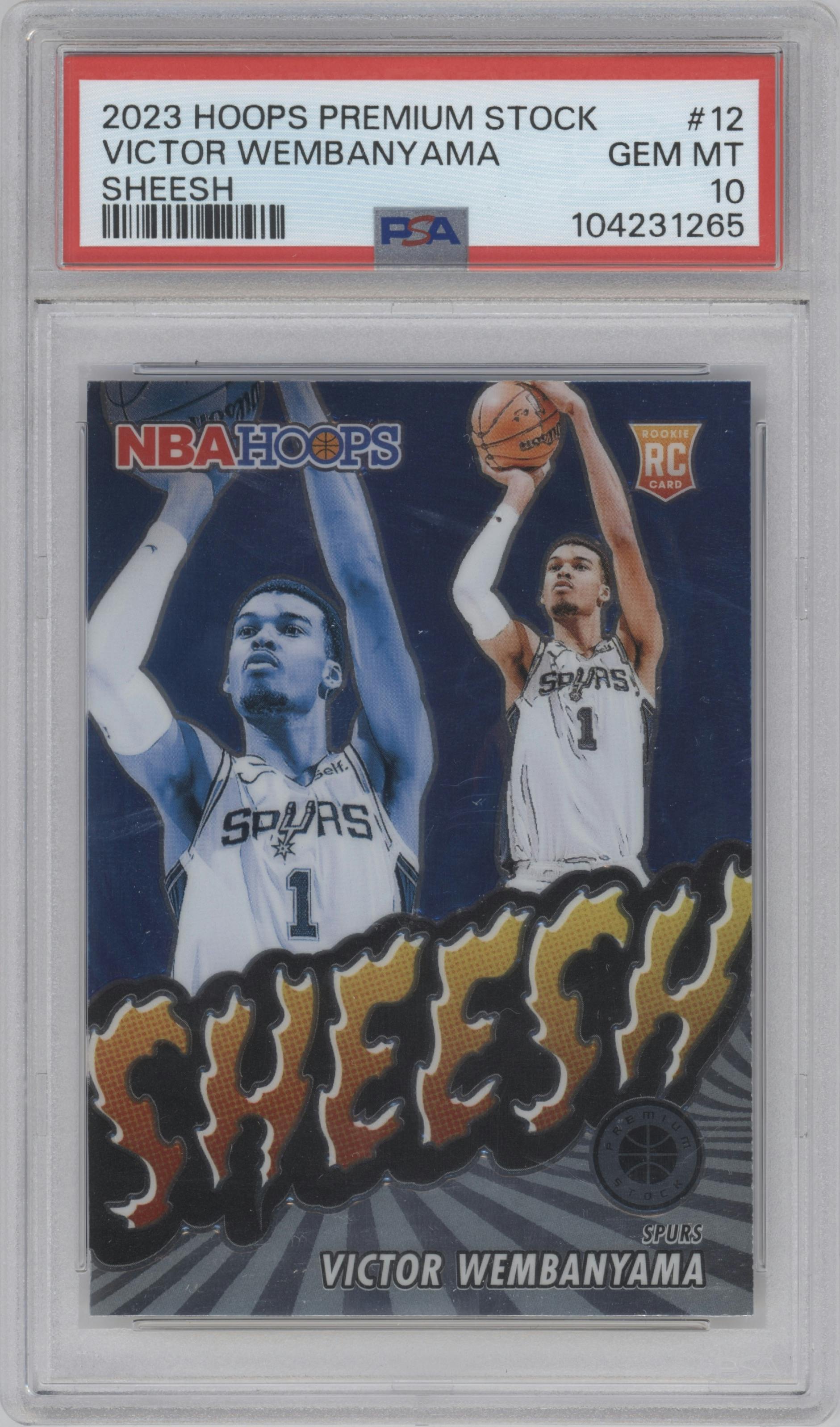 Victor Wembanyama from the 2023-24 Panini Hoops Premium Stock set graded by PSA and given an overall grade of 10.